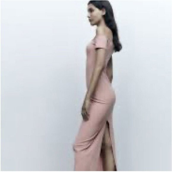 Zara Off the Shoulder Bodycon Midi Dress XSMALL Baby Light Pink Topstitched - Picture 9 of 15